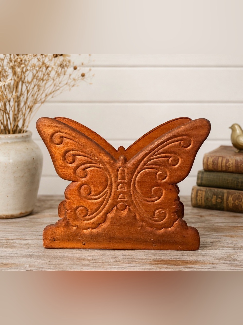 VINTAGE Butterfly Napkin Letter Holder Cottagecore Whimsy carved wood
